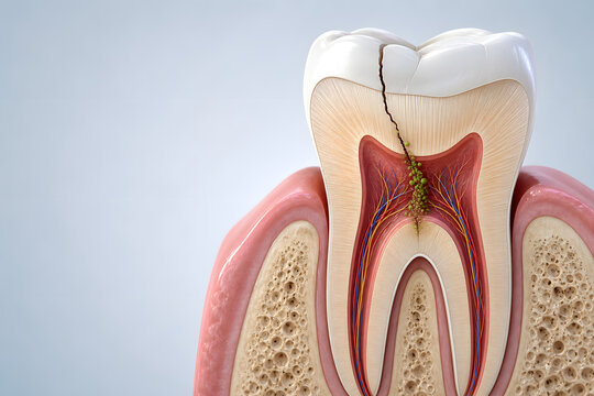 Cracked tooth cutaway showing infection reaching the pulp