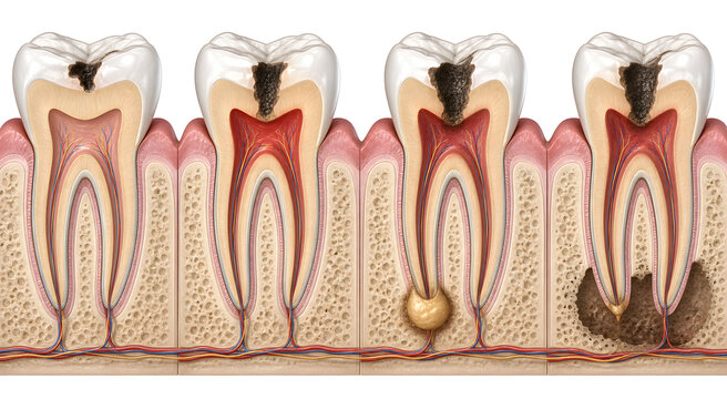 Tooth decay progression from cavity to root abscess
