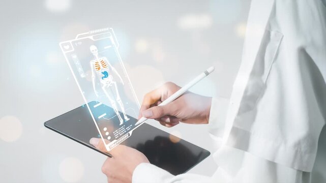 Close-up of doctor using stylus tablet with virtual skeleton body scan interface, representing digital healthcare technology, medical diagnosis analytics, telemedicine consultation, and science servic
