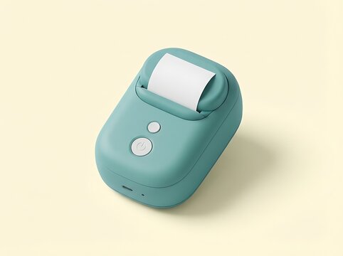 Compact Cyan Pocket Thermal Printer with Paper Roll on Minimal Surface