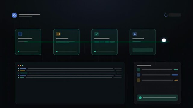 Abstract animated code moving through build, test and deploy stages drawn as blue and cyan lines and dots on a deep dark background. Seamless looping 4K video element with free space around it, ideal 