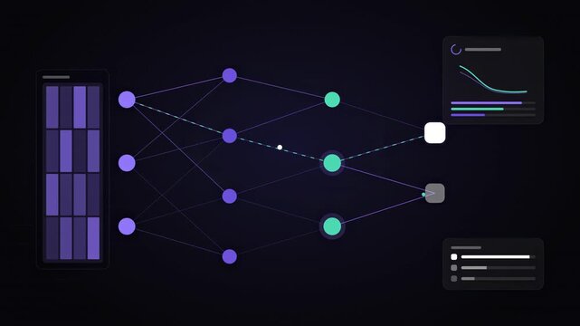 Abstract animated signals passing through neural network layers drawn as blue and cyan lines and dots on a deep dark background. Seamless looping 4K video element with free space around it, ideal for 
