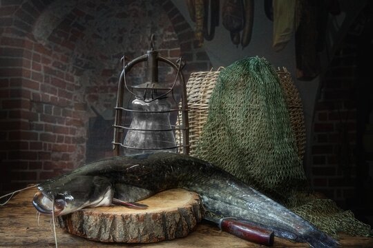 Still life with catfish on a rural table