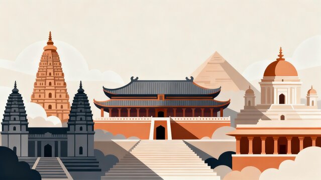 Iconic Global Landmarks Flat Design Illustration for International Travel, Cultural Education, and Business