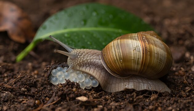 Garden Snail Laying Eggs in Soil, Macro Close Up of Reproduction in Nature.