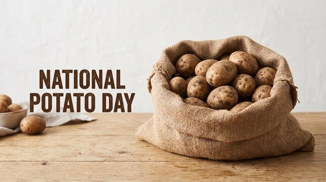 National Potato Day greeting card with fresh raw potatoes in burlap sack, rustic harvest vegetables on wooden table, organic farm produce concept