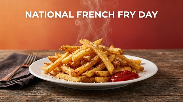National French Fry Day banner with hot crispy fries, golden potato chips on white plate with ketchup, steaming fast food snack on wooden table