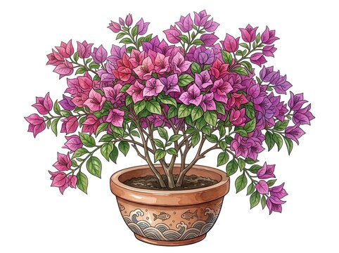 Watercolor Bougenvile flower on a pot, isolated on pure white background, flat lay, highly detailed, vector illustration style, no shadows