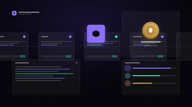 Abstract animated transactions appended to a blockchain ledger drawn as blue and cyan lines and dots on a deep dark background. Seamless looping 4K video element with free space around it, ideal for t