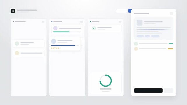 Abstract animated candidates advancing through a recruiting pipeline drawn as blue and cyan lines and dots on a bright, clean light background. Seamless looping 4K video element with free space around