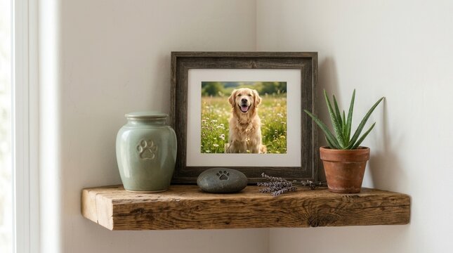 Pet cremation urn and framed dog photo on a rustic wooden shelf.