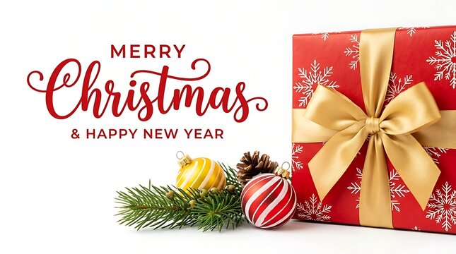 Merry Christmas and Happy New Year Typography Concept with Wrapped Red Gift Box Gold Ribbon Ornaments and Pine Branch on White Background