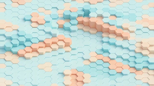 Three-Dimensional undulating surface backdrop animation, modern tessellation motion graphic design, layered hexagon shapes. 3D hexagonal honeycomb pattern with extruded geometric tiles. 