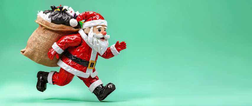 Horizontal banner of a running foil-crafted Santa Claus carrying a garbage sack against a mint green background with copy space.