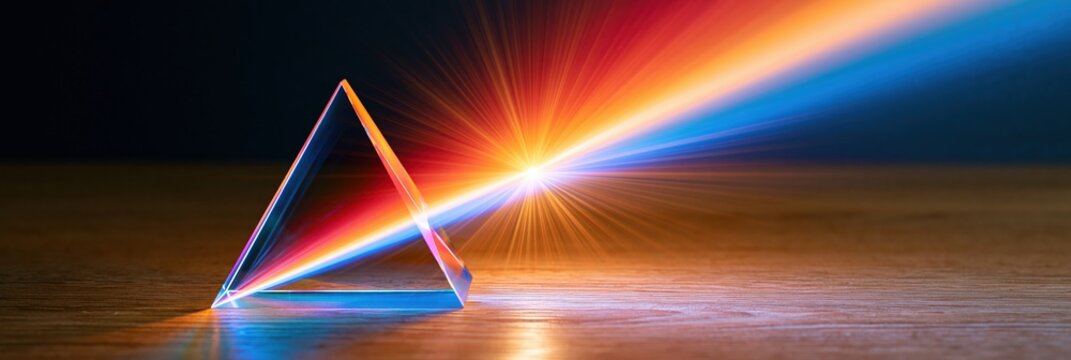 Glass prism refracting light into a spectrum of colors on a wooden surface