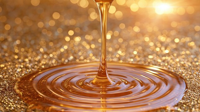 Golden liquid pouring into a pool of glitter, creating ripples with bokeh background and sun flare.