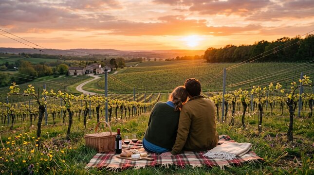 Couple enjoys romantic spring picnic at vineyard during golden hour, Southern Hemisphere renewal spring