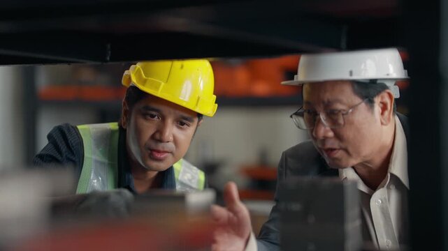 Two men inspect warehouse shelves. They discuss inventory with focus