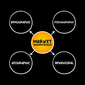 Market segmentation diagram showing four main target consumer categories including demographic, psychographic, geographic, and behavioral factors for strategic business analysis and model design.