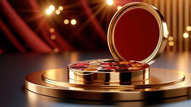 Luxurious Gold Makeup Palette with Red and Gold Shades on a Pedestal with Bokeh Lights
