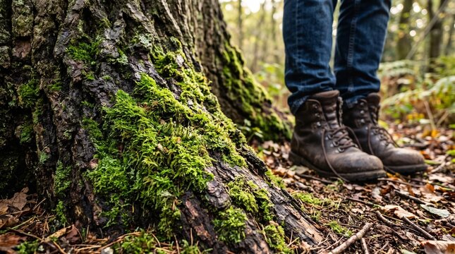 Moss Covered Tree Trunk and Hiker Boots in Autumn Forest Floor, Southern Hemisphere Spring Renewal spring