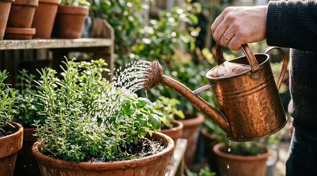 Nurturing Greenery Spring Renewal Watering Potted Herbs in Sunny Greenhouse for Fresh Home Decor Inspiration spring