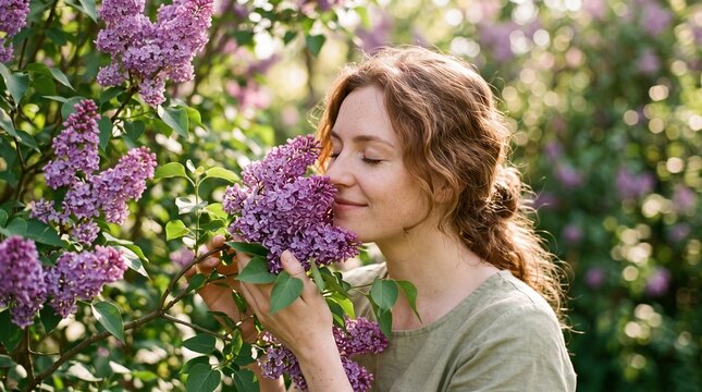 Woman enjoying fragrant lilac blossoms in the Southern Hemisphere spring, evoking renewal and fresh scents for home decor and lifestyle inspiration spring