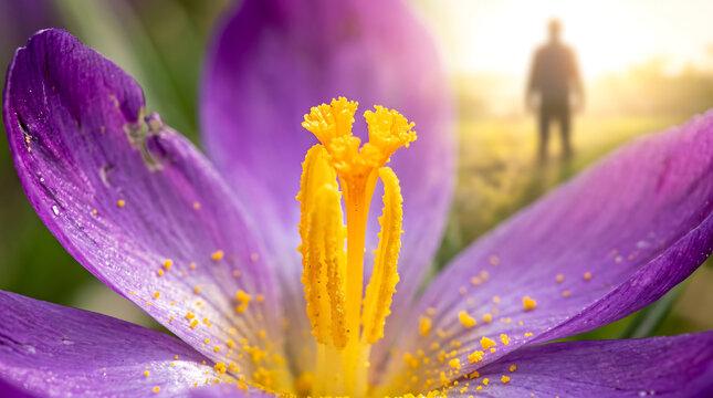 Vibrant Purple Crocus Bloom with Golden Pollen and Distant Figure in Soft Morning Light spring