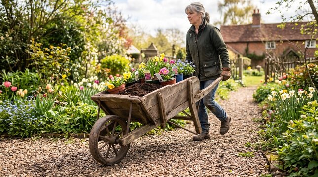 Woman Pushing Wheelbarrow Full of Spring Flowers in a Vibrant Garden spring