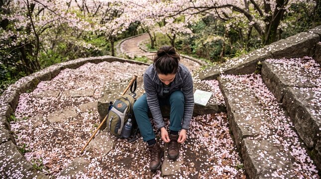 Woman tying hiking boots amidst falling cherry blossoms on stone steps, Southern Hemisphere spring renewal spring