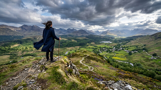 Hiker Gazes Over Lush Green Valley in Scotland During Spring Renewal spring