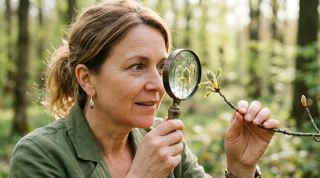 Woman with Magnifying Glass Inspecting New Spring Growth in Sunlit Forest spring