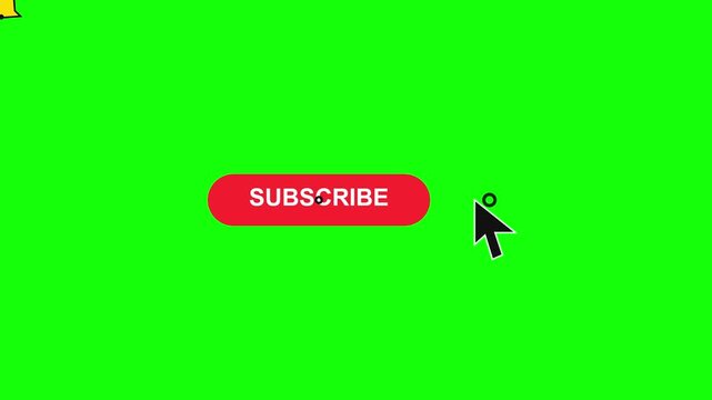 Interactive computer mouse cursor clicking red subscribe button in digital motion video animation featuring isolated bright vivid green screen background