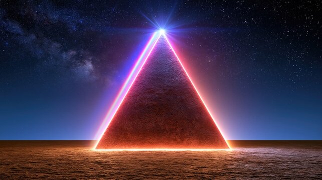 Mysterious glowing pyramid under a starry night sky, symbolizing ancient mystery and cosmic energy.