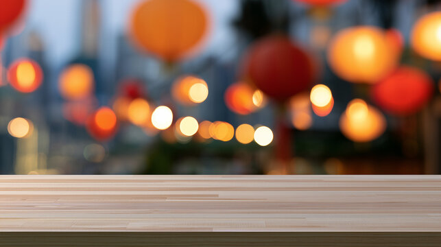 Empty Wooden Table Surface Over Blurred Cityscape Background with Glowing Festive Lanterns for a Vibrant National Day Hongkong Celebration