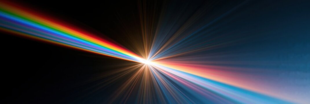 Rainbow light spectrum refracts and explodes into a bright starburst on a dark background