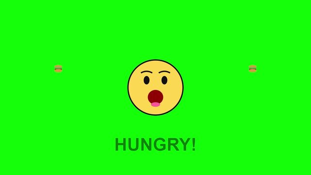Hungry emoji animation featuring a yellow face with an open mouth and tiny burger icons on bright green motion footage