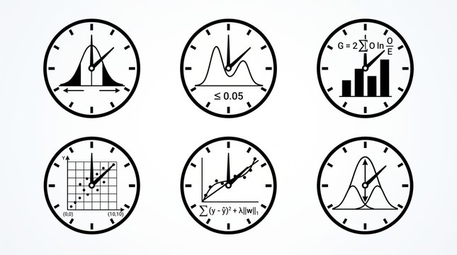 Conceptual clock icons featuring data visualization, statistical graphs, and mathematical formulas for business analytics