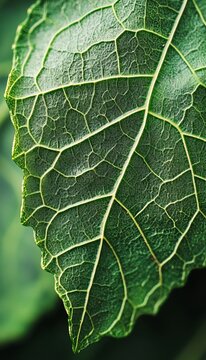Close up shot of a vibrant green leaf revealing complex organic patterns and detailed vein network.