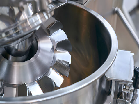 An image of the stainless steel bowl and cutting mechanism within an industrial food processing bowl cutter commonly used in manufacturing settings. High-capacity equipment designed for tasks like cho