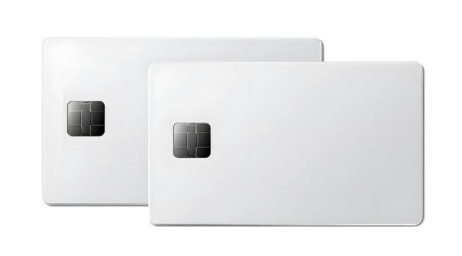 Two credit cards without magnetic stripes, featuring a chip, shown against a clear background