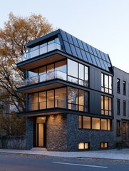 Fototapeta premium Corner residential building with sloped solar roof and glass balconies