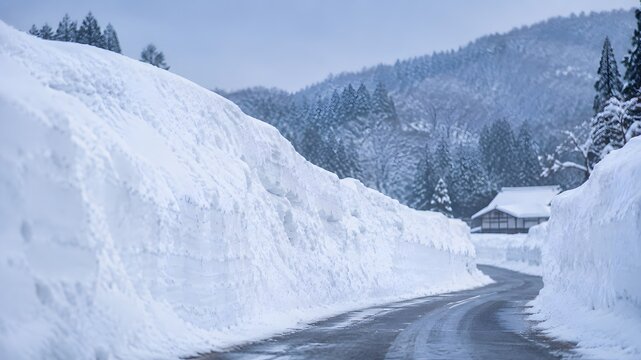 Rural Winter Road Lined with Massive Snow Walls Leading to House