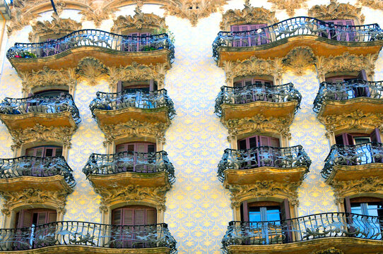 This image displays the facade of the Casa Joan Baptista Pons i Trabal in Barcelona,Ornate Building balcony Barcelona Spain Europe Catalonia. 08.08.26