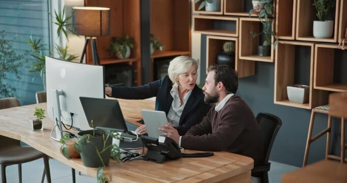 Lawyer, discussion and business people in office on tablet for legal strategy, case study and research. Law firm, team and woman with attorney on computer for online report, meeting and consulting
