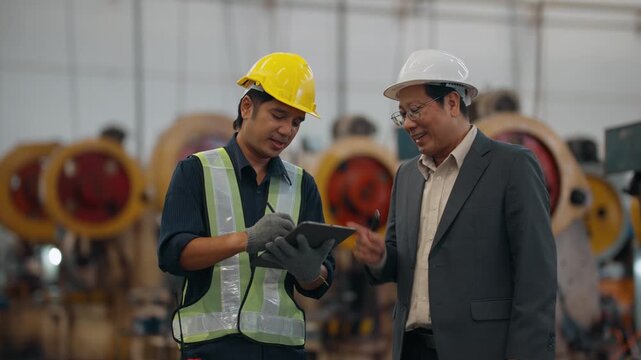 Two men inspect heavy machinery together. One wears a vest and gloves, the other in a suit. They hold tablets, focused on the equipment