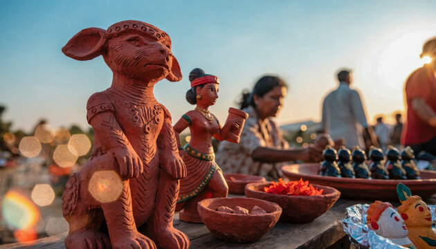 Artisan market in India features traditional handcrafted terracotta figurines and vibrant cultural items under warm sunlight