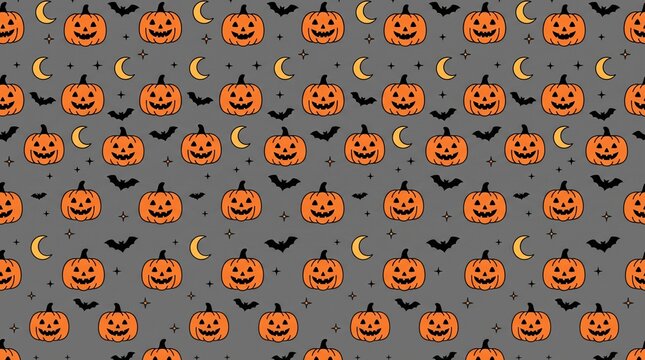 Fun halloween holiday seamless vector pattern design featuring smiling carved pumpkins, flying bats, and crescent moons on a gray