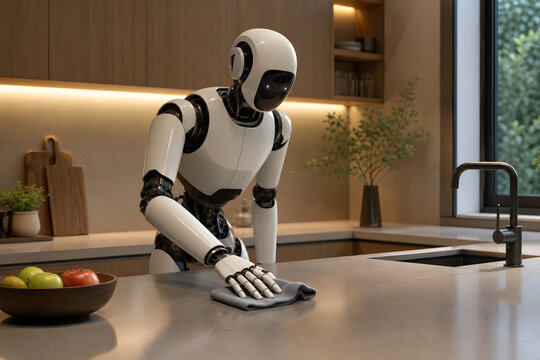 Humanoid home robot cleaning modern kitchen counter