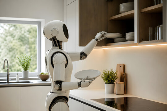 Humanoid robot organizing dishes in modern kitchen